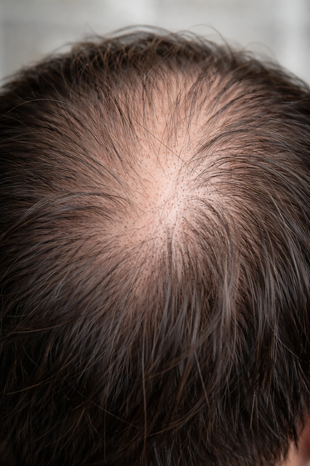 Close-up of thinning scalp showing hair loss patterns and follicles