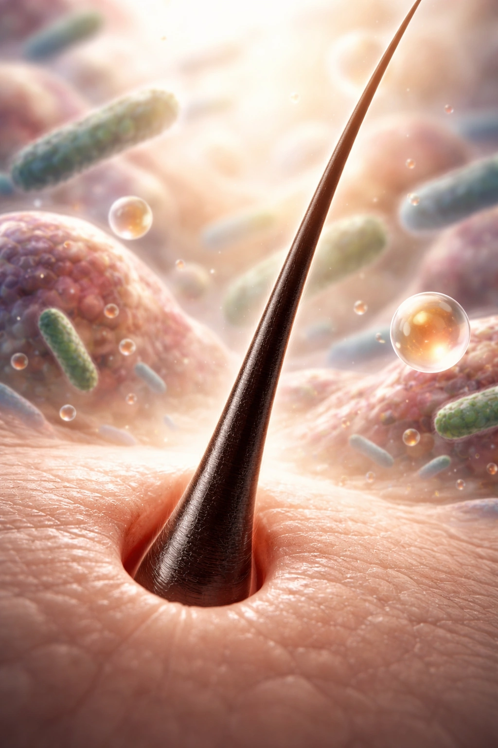 Hair strand with abstract gut-health backdrop