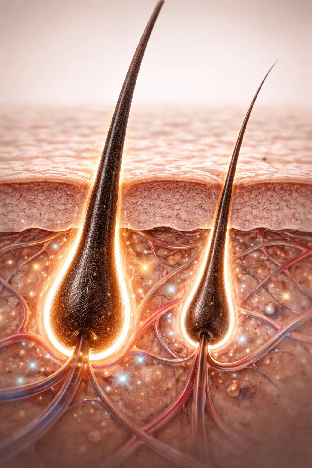 Close-up scalp with two follicles showing healthy and thinning hair linked to magnesium's role
