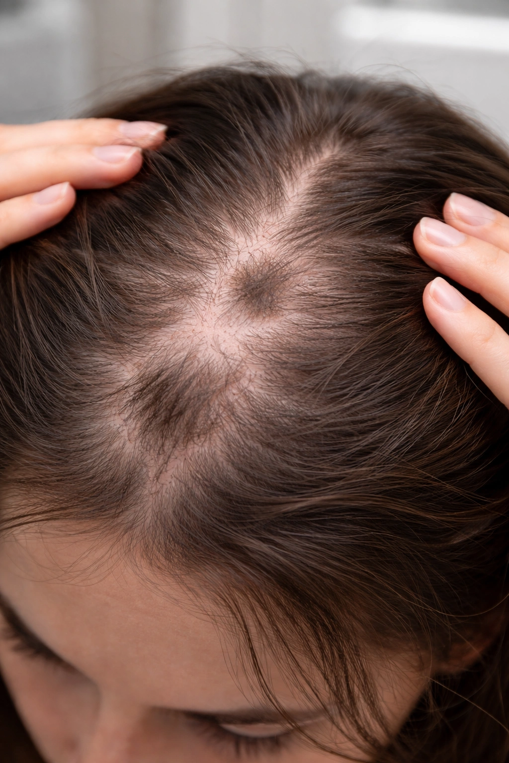 Scalp with patchy thinning indicating medical evaluation needed