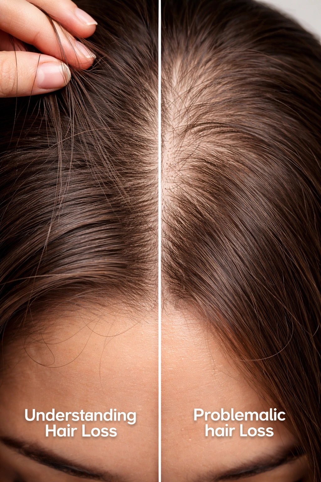 Close-up of scalp showing normal shedding vs thinning to illustrate hair loss concepts