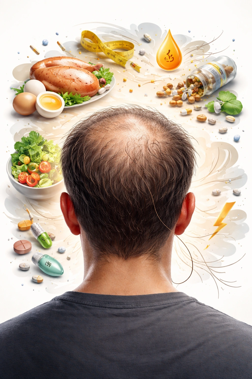Head silhouette with thinning crown illustrating weight-loss-triggered hair loss
