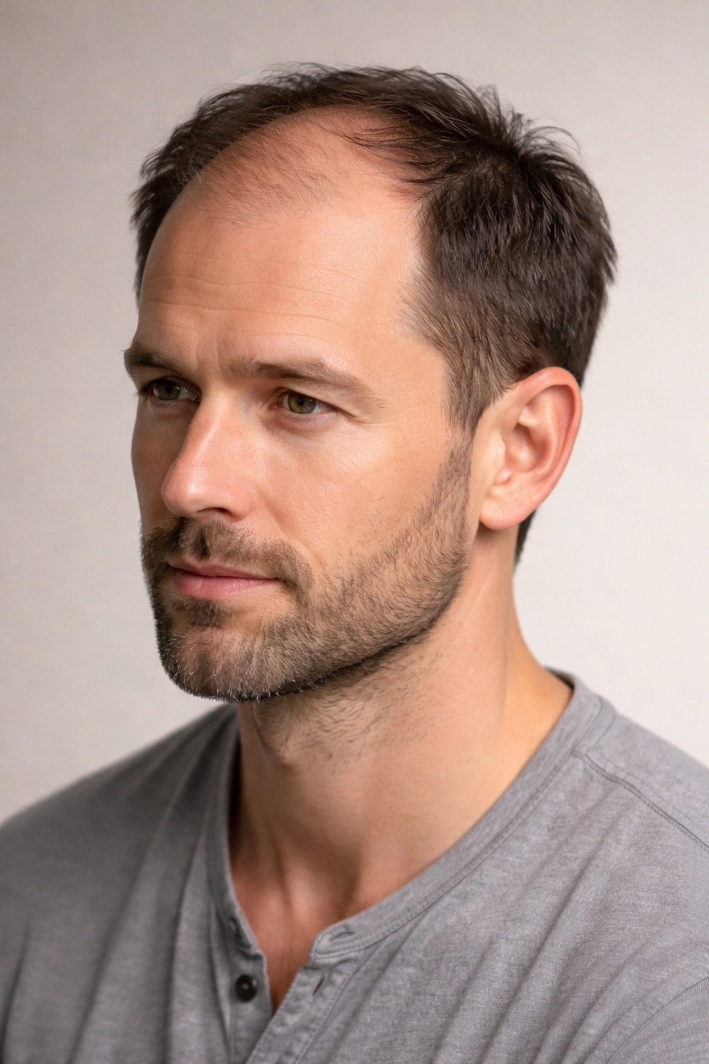 Close-up of a man's scalp showing temple recession and crown thinning to illustrate hair loss patterns