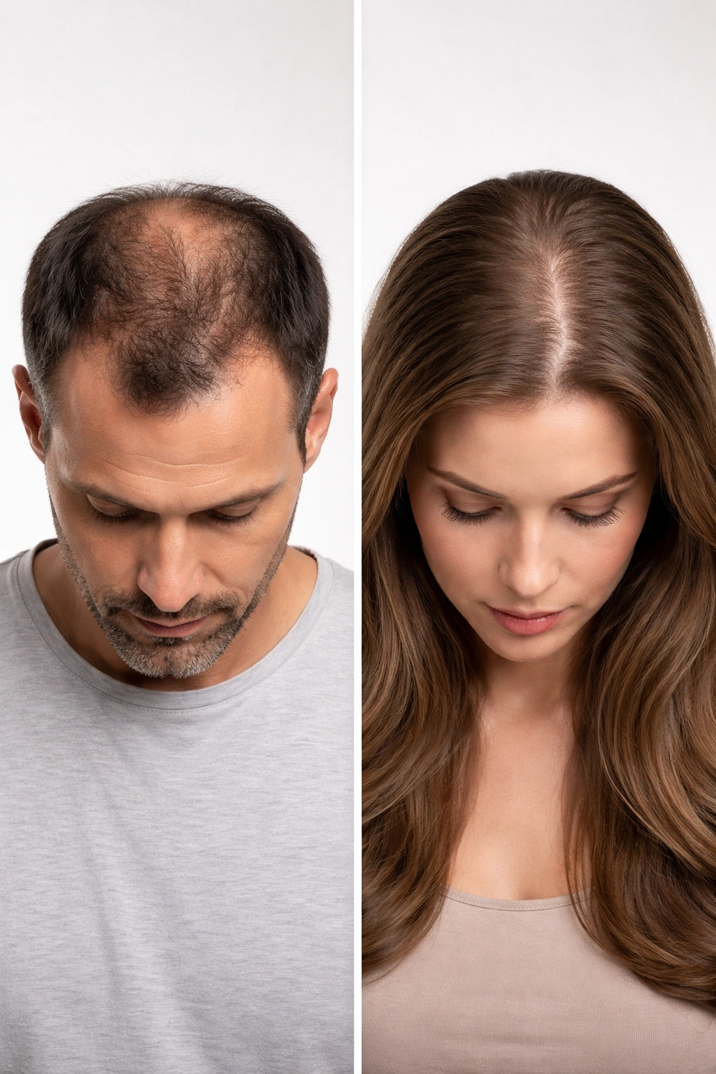 Side-by-side heads showing male and female hair loss patterns