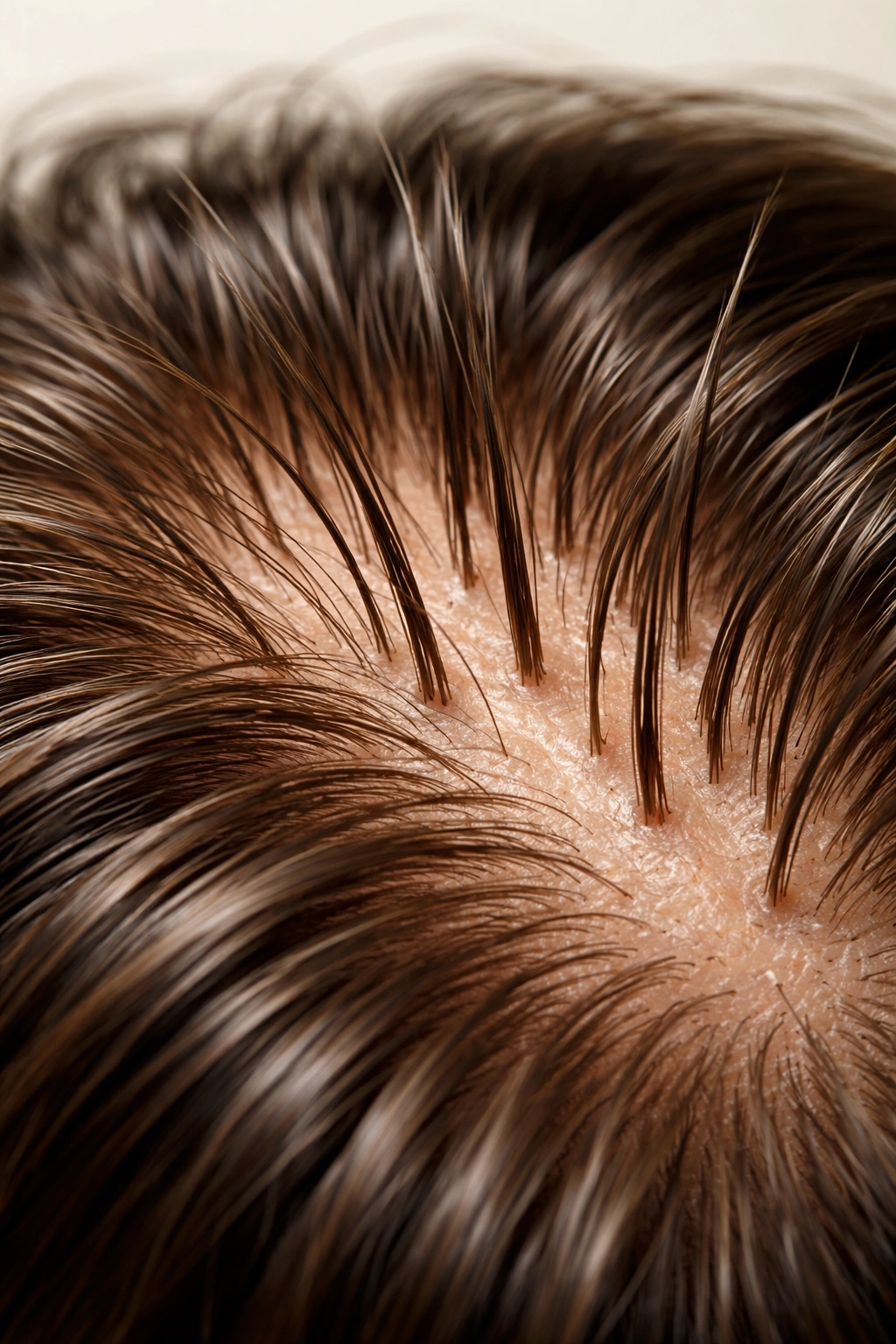 Close-up of a healthy scalp with dense, evenly distributed hair to illustrate hair loss prevention during weight loss