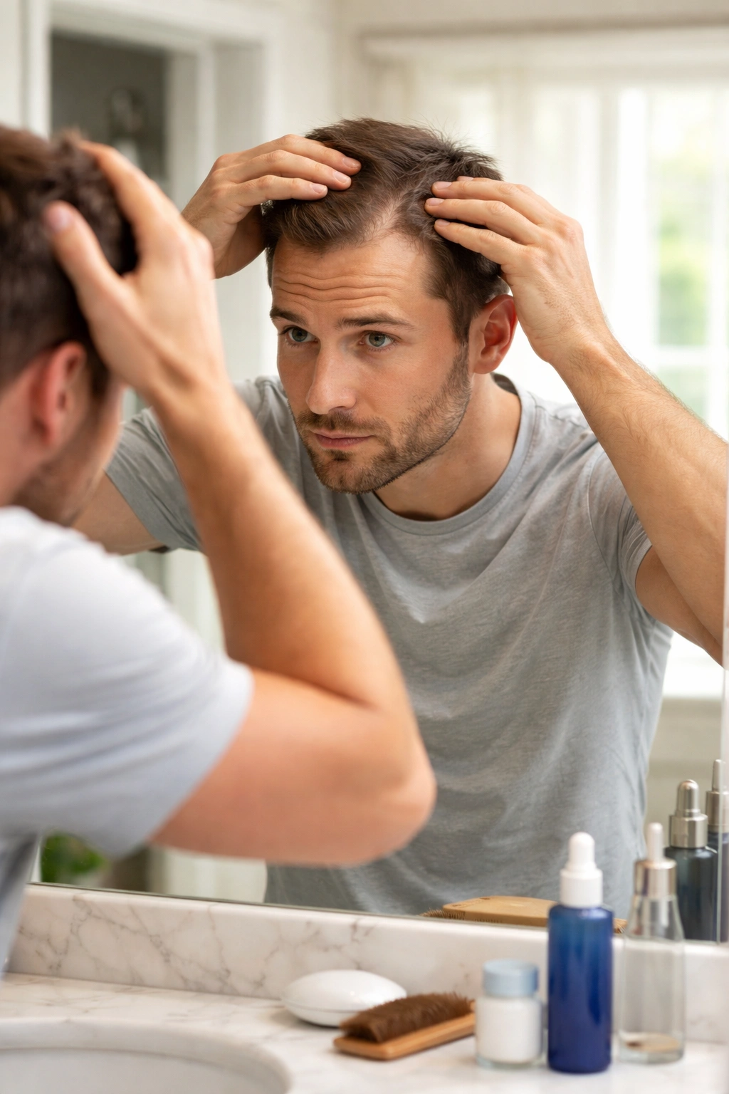 Person examining their scalp to monitor hair loss progress