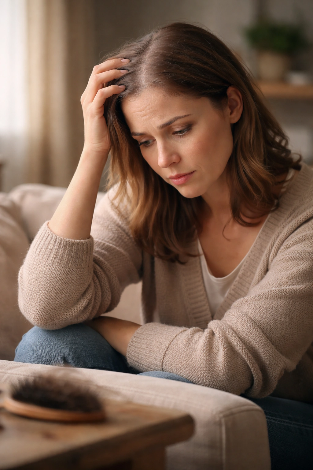 Person showing somber mood due to hair loss