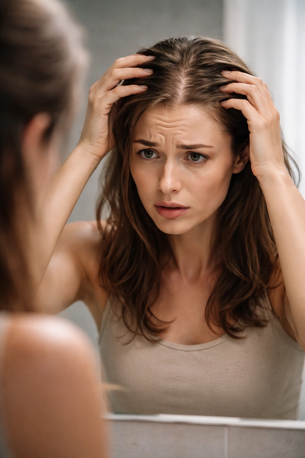 Close-up of a person looking into a mirror with thinning hair, illustrating the psychological impact and self-esteem concerns.