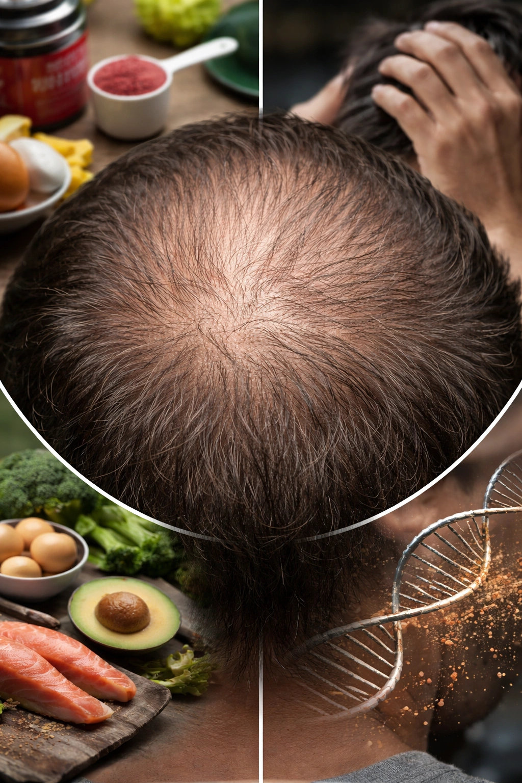 Macro close-up of a scalp with thinning hair at the crown