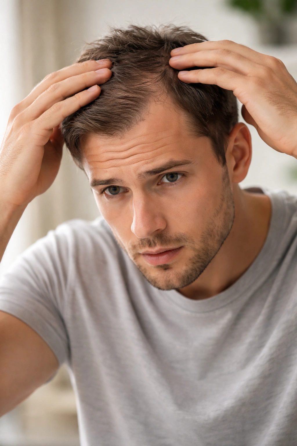 Person examining thinning hair at the crown in a calm setting.