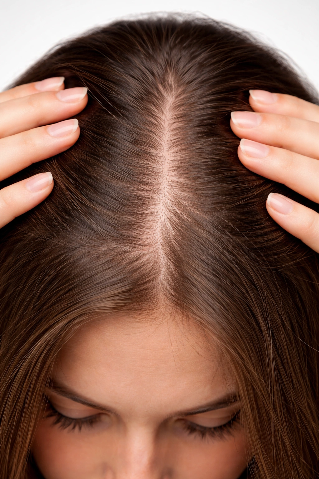 Close-up of scalp showing thinning patch and widening part