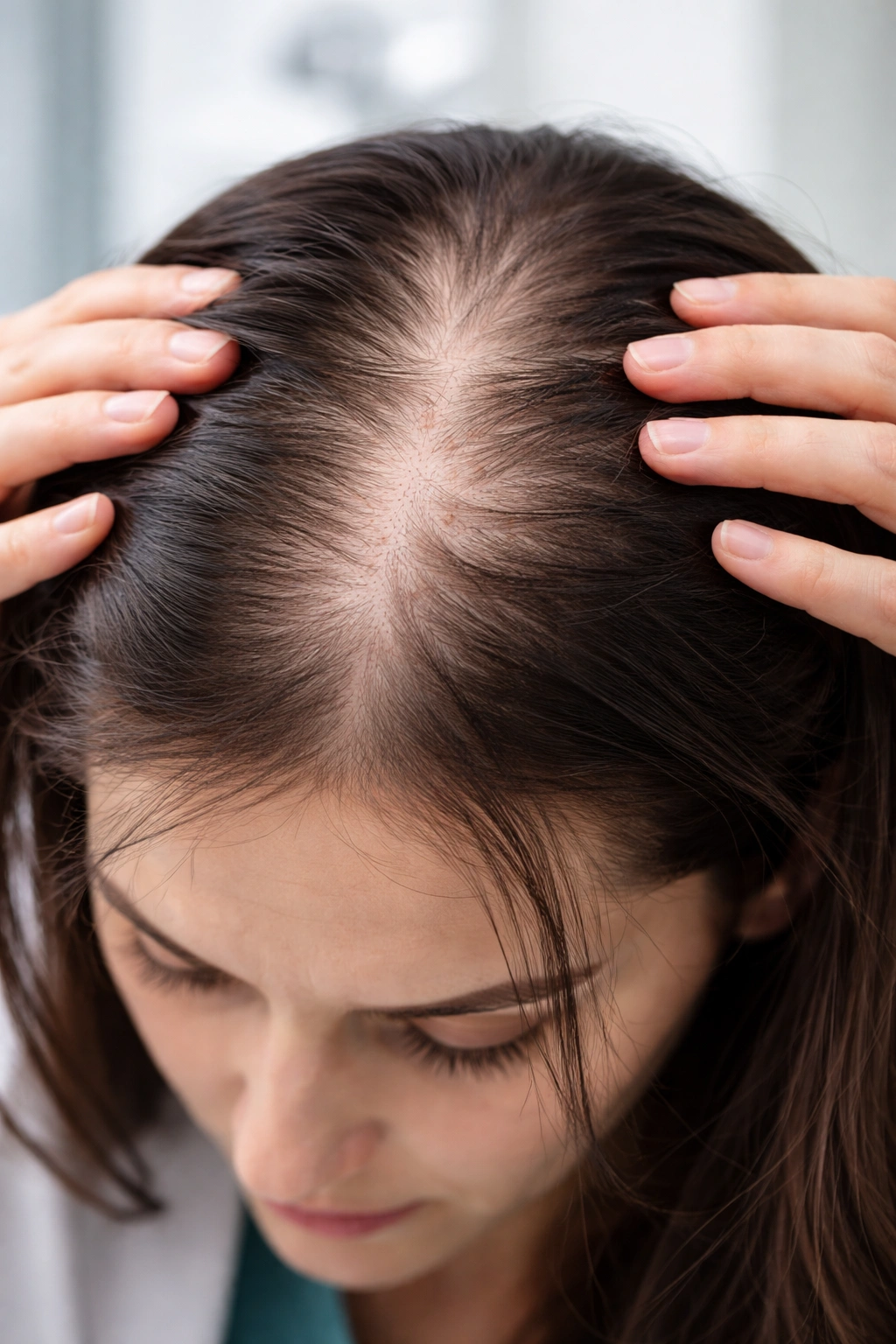 Close-up scalp with dramatic thinning patches indicating red flags.