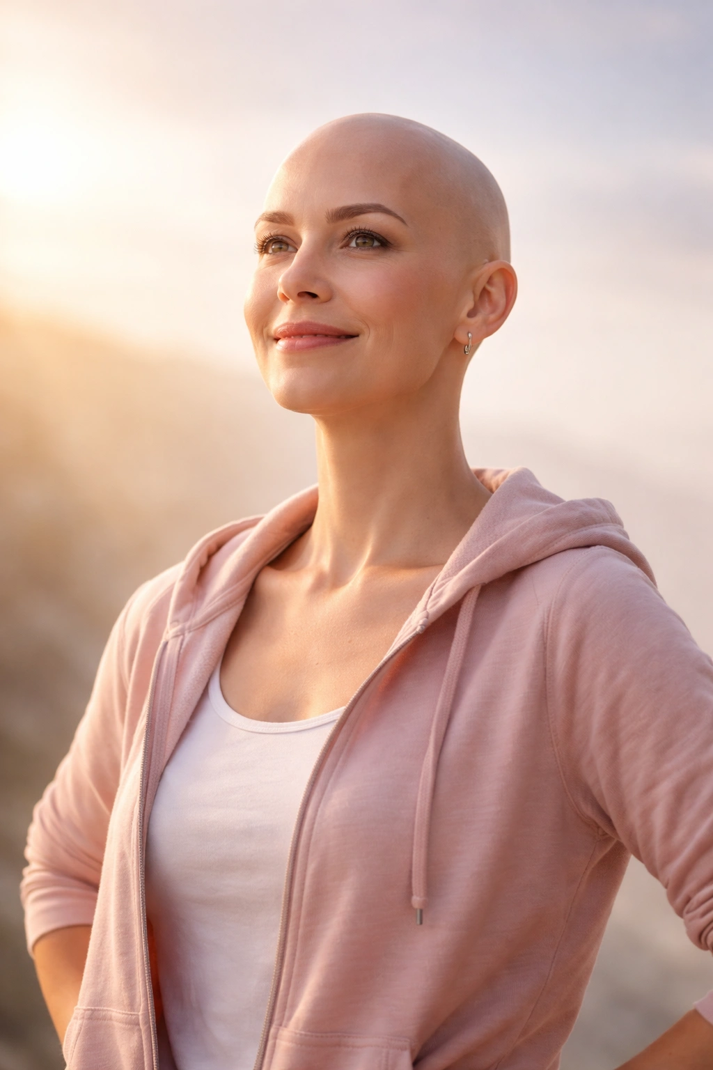 Portrait of a person with shaved head or headscarf exuding strength and hope during cancer treatment