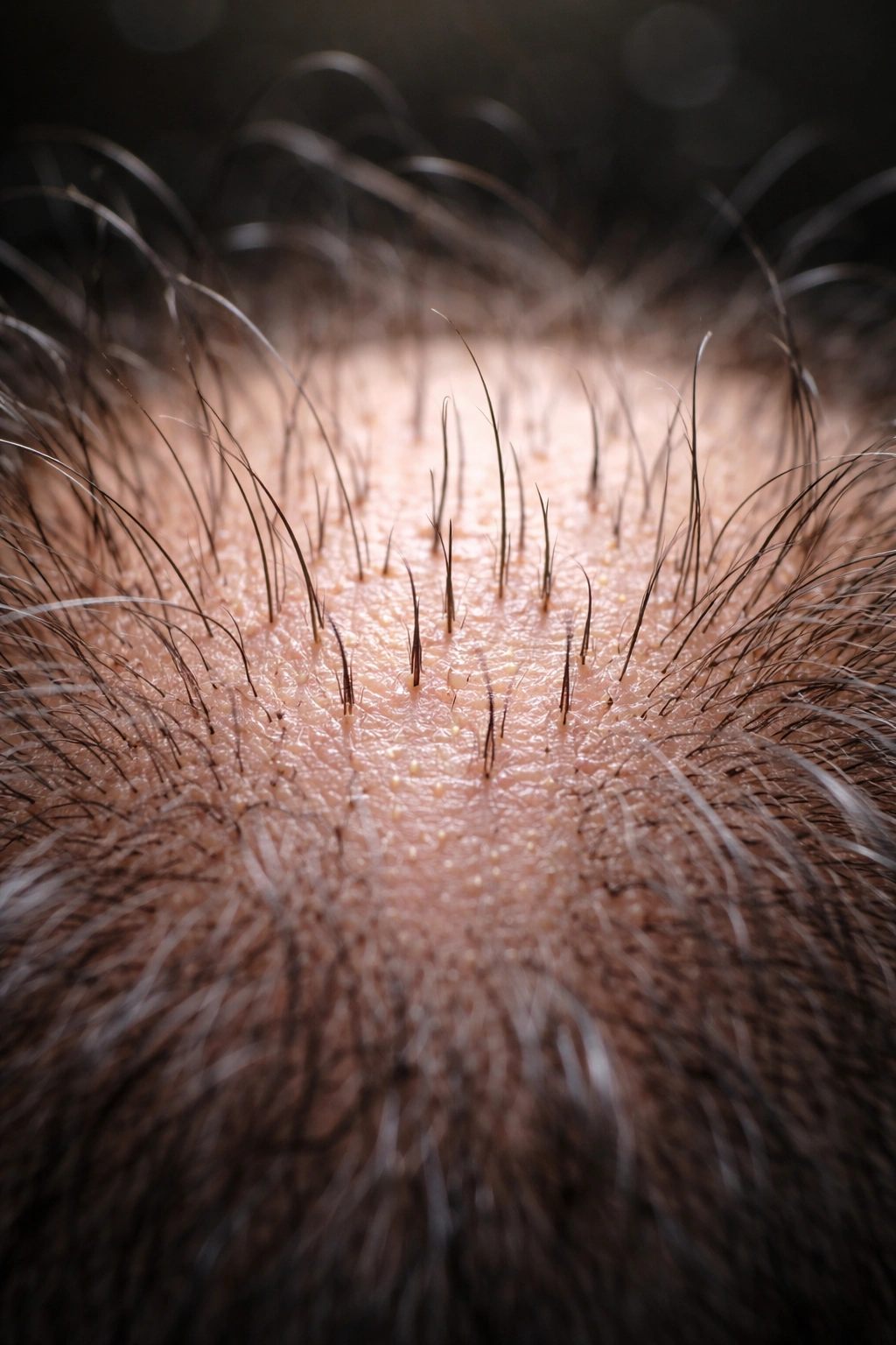 Scalp with new hair growth in thinning areas, suggesting reversibility.
