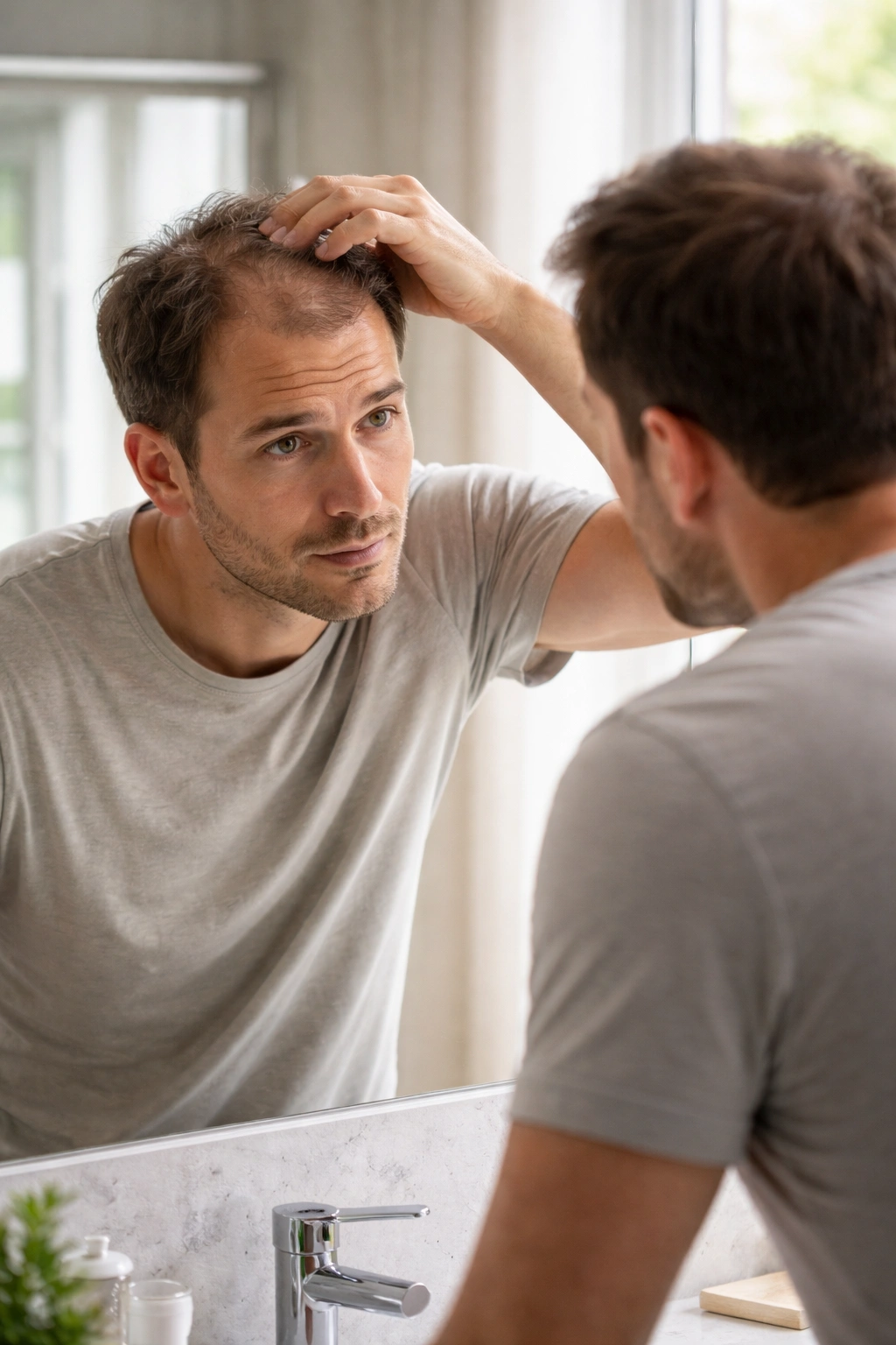 Person examining thinning crown in mirror to assess hair loss risk