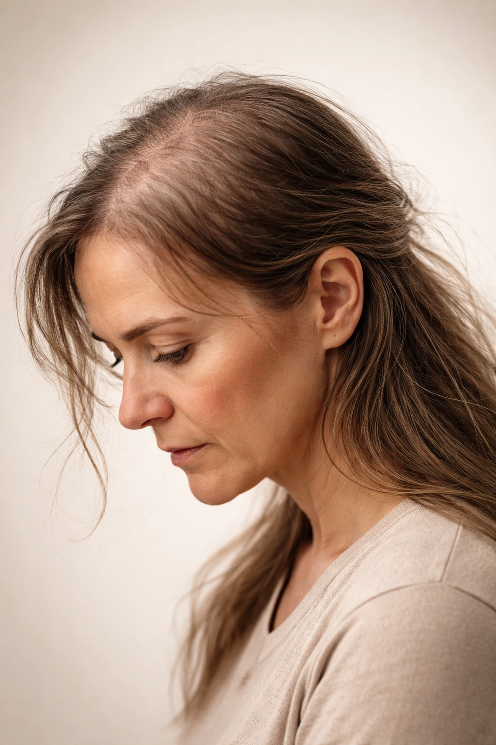 Profile silhouette of a head with thinning hair against a neutral backdrop