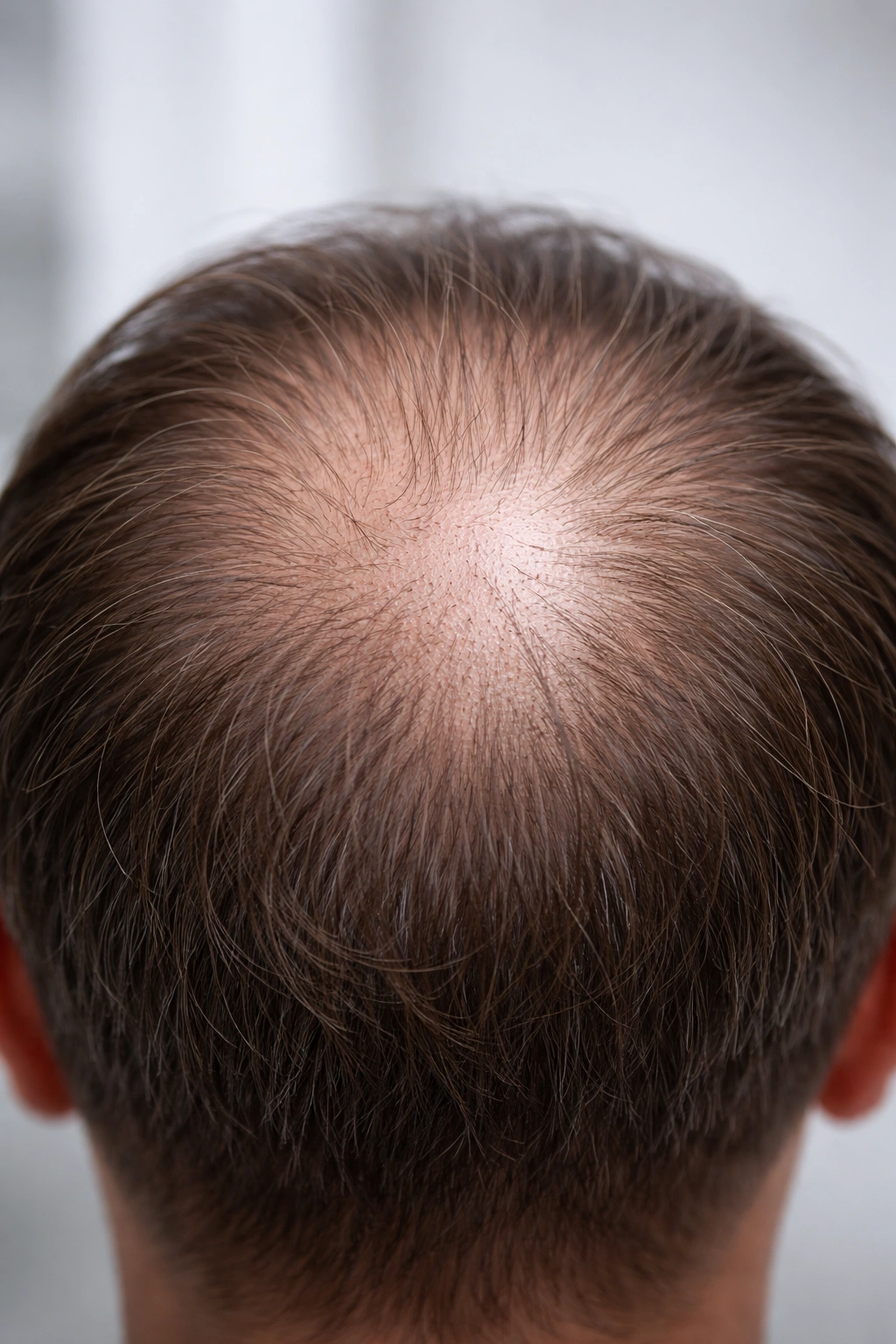 Close-up of thinning scalp at crown with sparse hairs, illustrating hair loss monitoring.