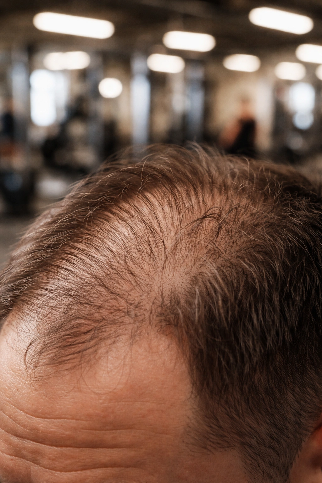 Close-up of thinning hair on scalp with gym background blur