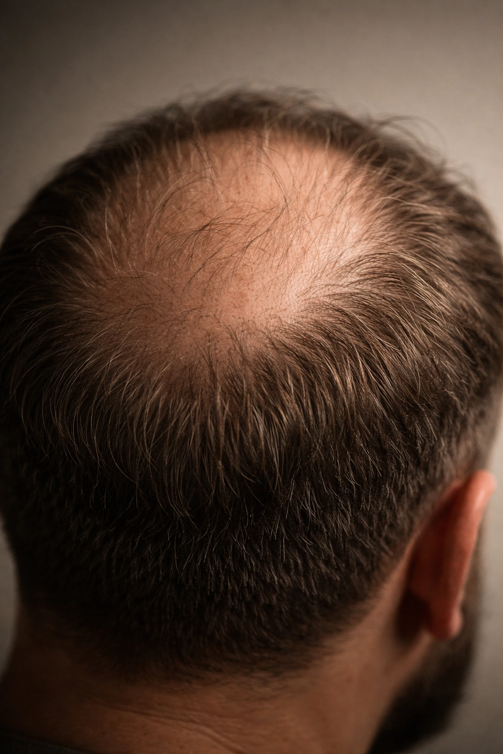 Close-up of a male scalp showing thinning hair at the crown with visible follicles