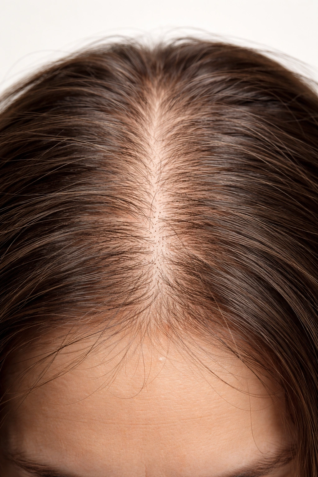 Close-up of thinning scalp showing shedding signs and reduced hair density.
