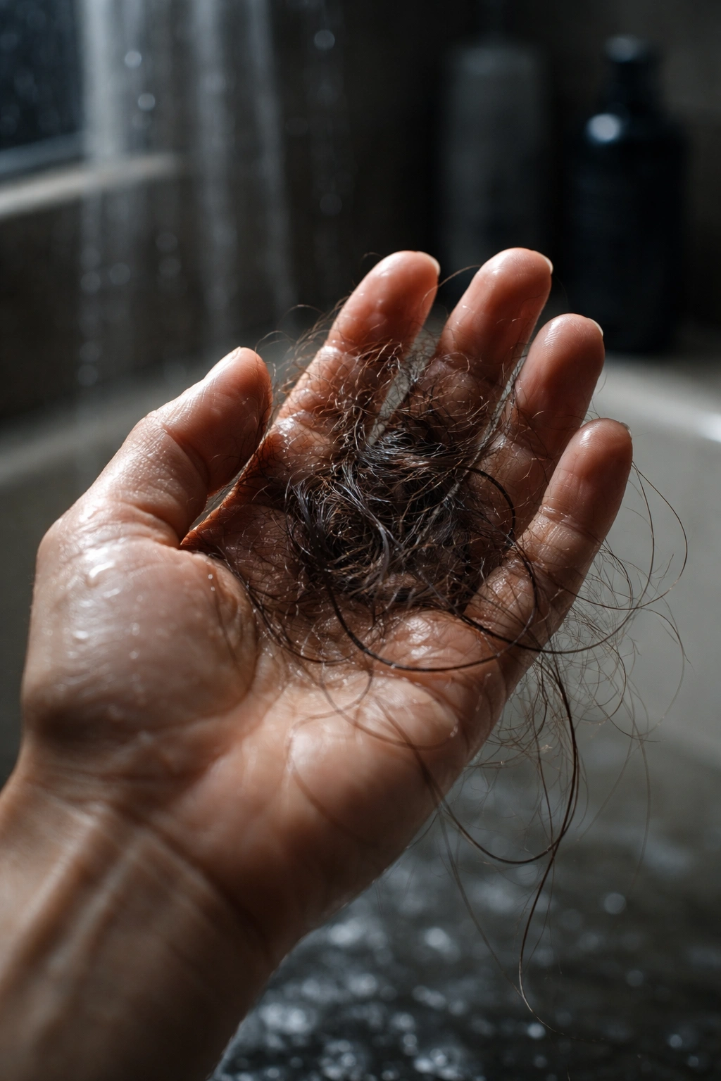 Close-up of a hand holding loose hair strands over a bathroom surface.