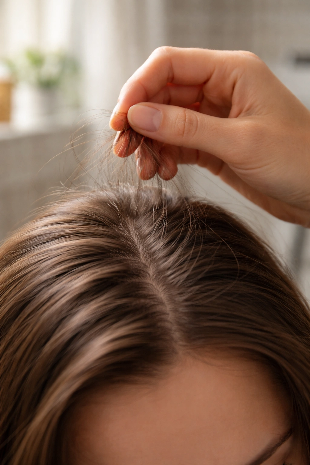 Close-up of hand counting loose hair strands during at-home shedding test