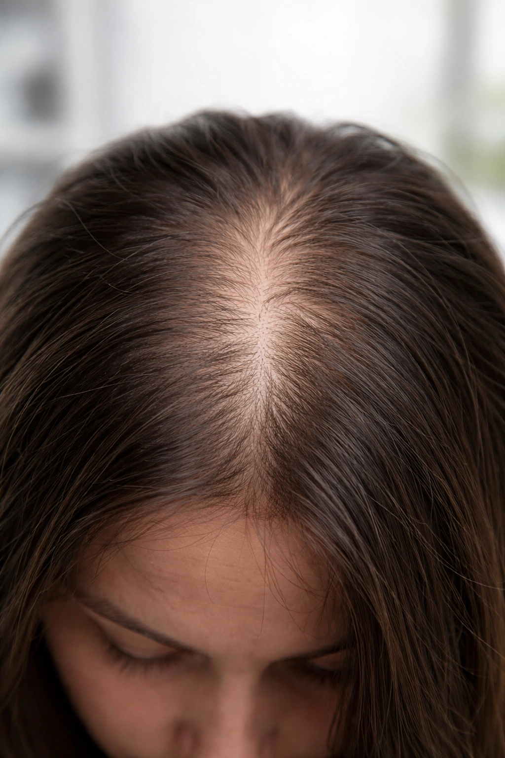 Close-up of thinning scalp showing hair loss patterns