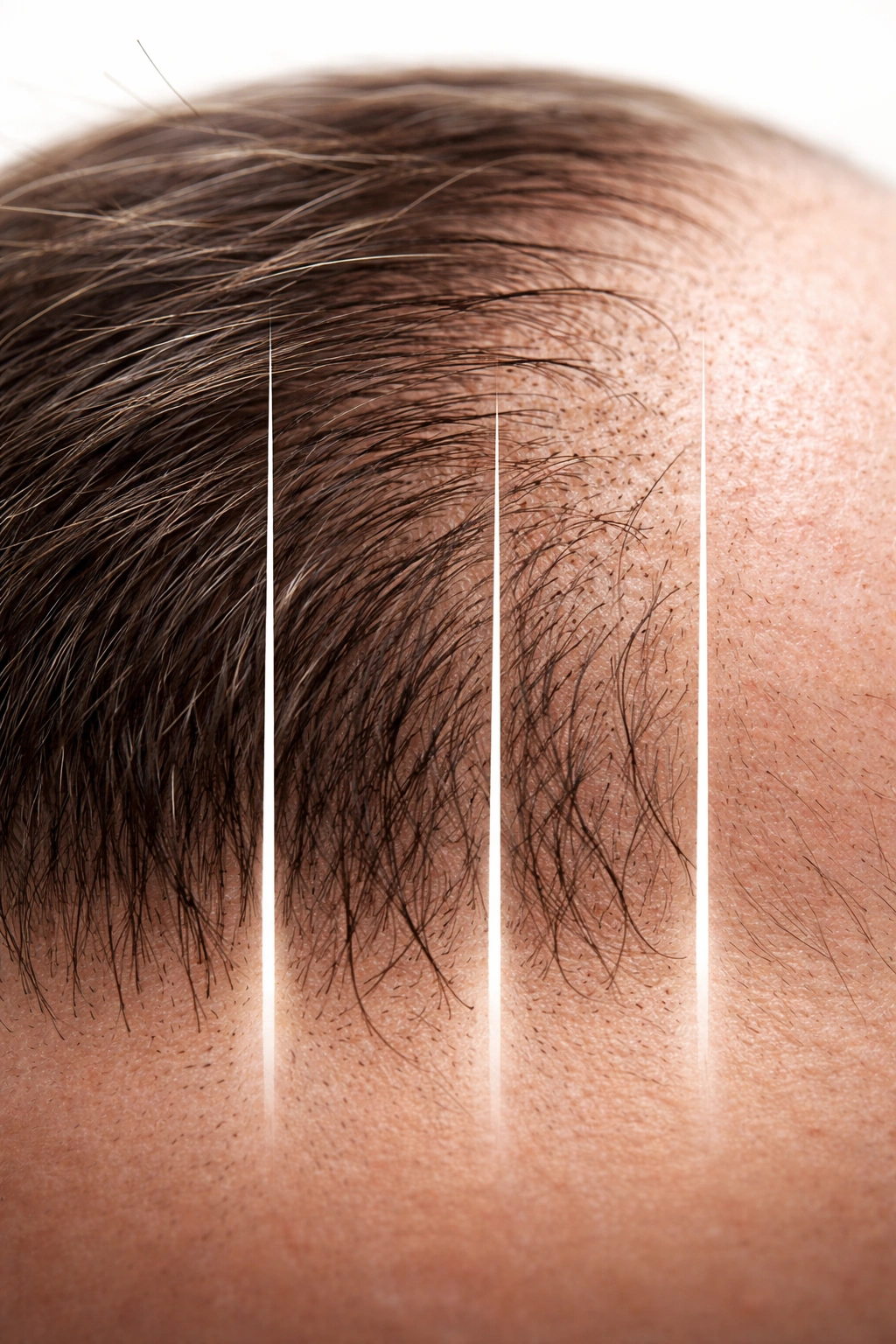 Scalp with zones of different hair density suggesting timeline