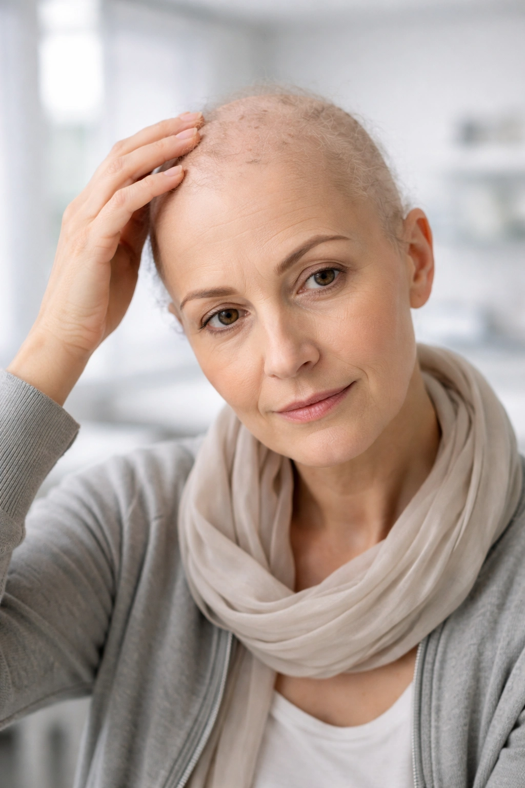 Portrait of patient touching thinning hair in a clinical setting