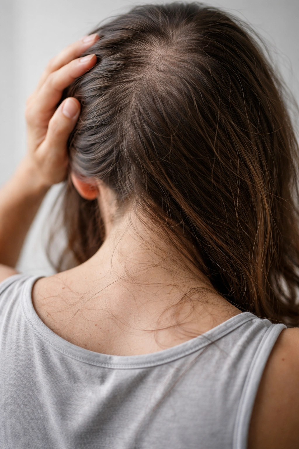 Close-up of thinning hair and shedding strands indicating possible doxycycline-related hair loss