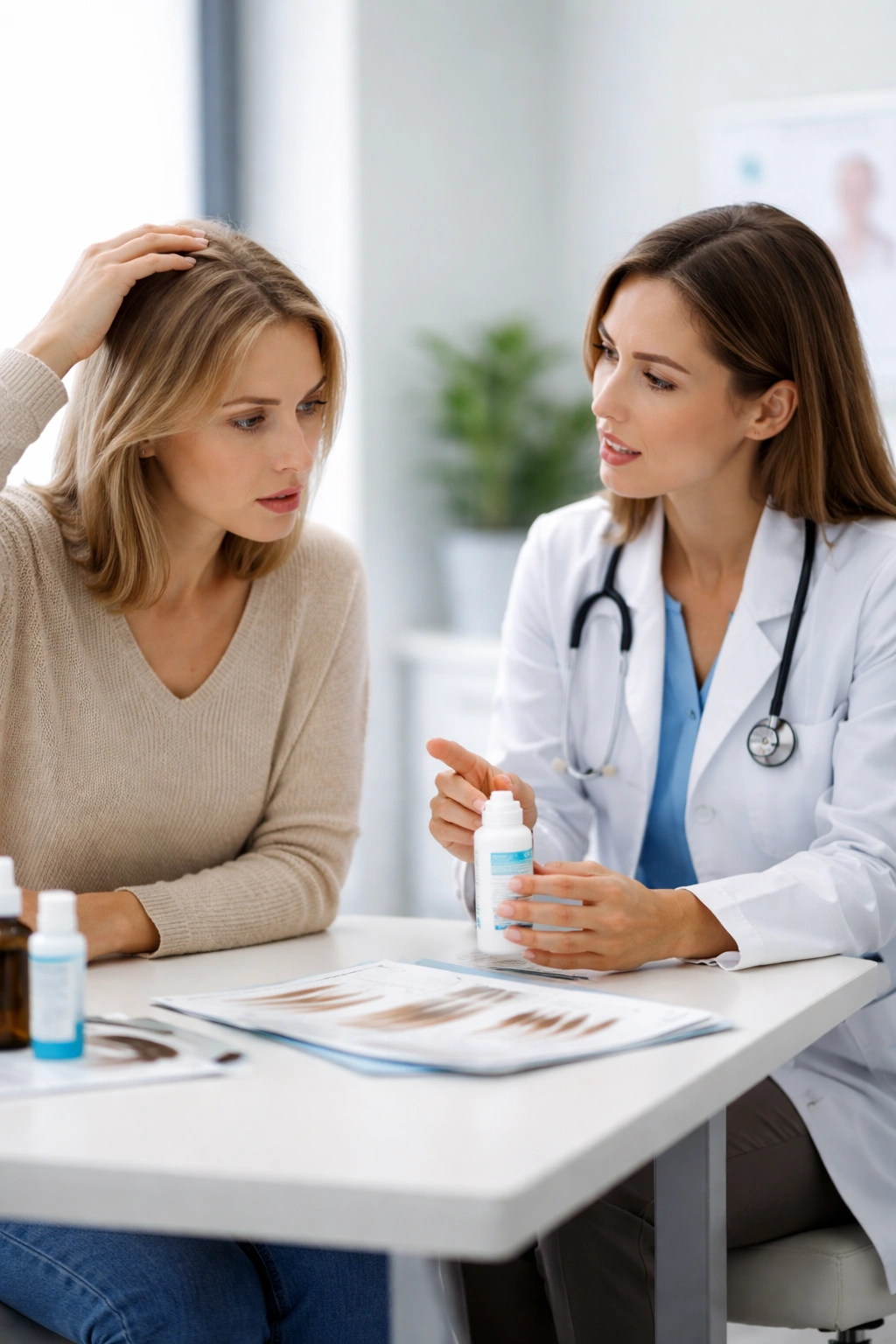 Doctor discussing medical options for hair loss with patient in a clinic