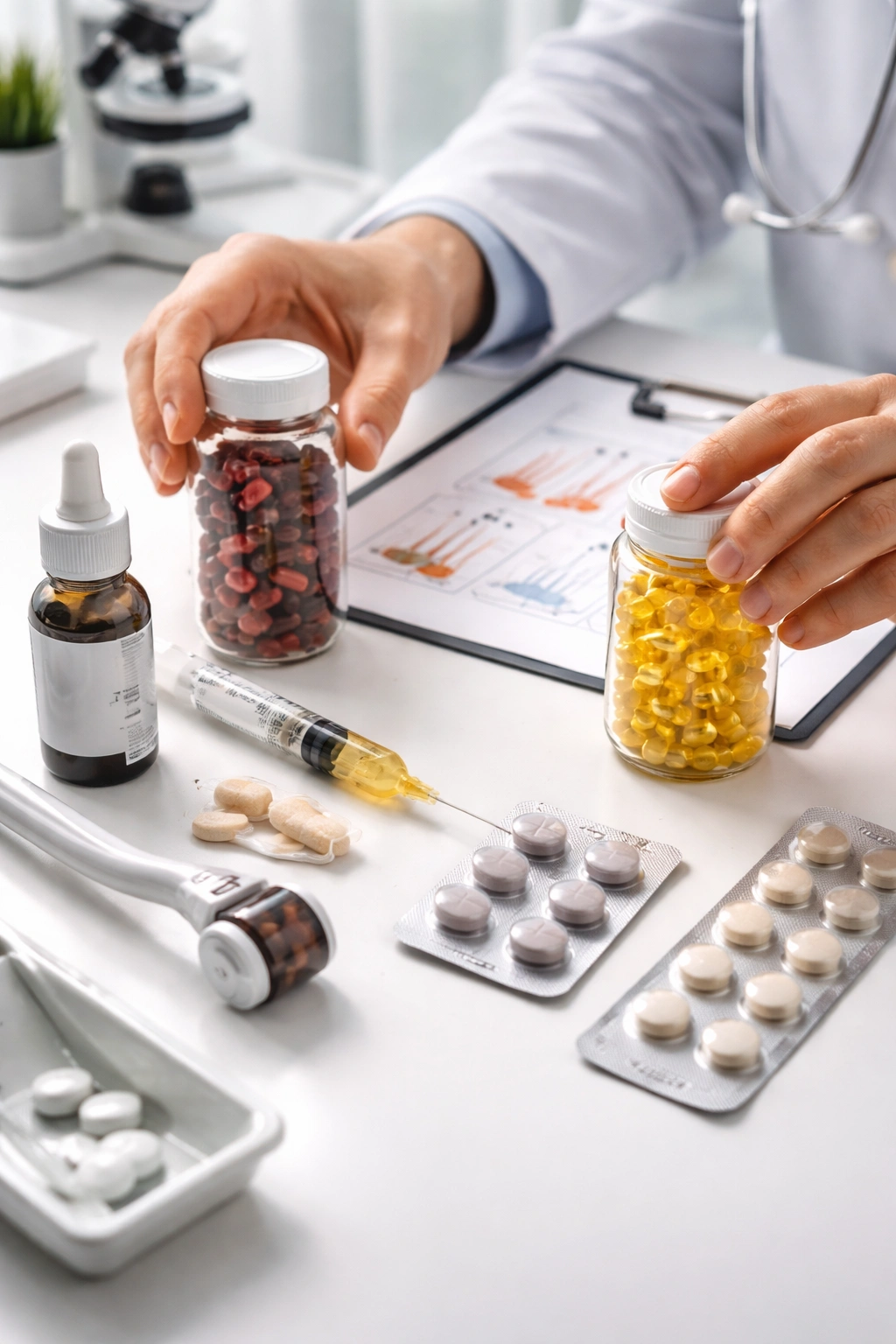 Clinician organizing hair loss treatment items on desk in clinic