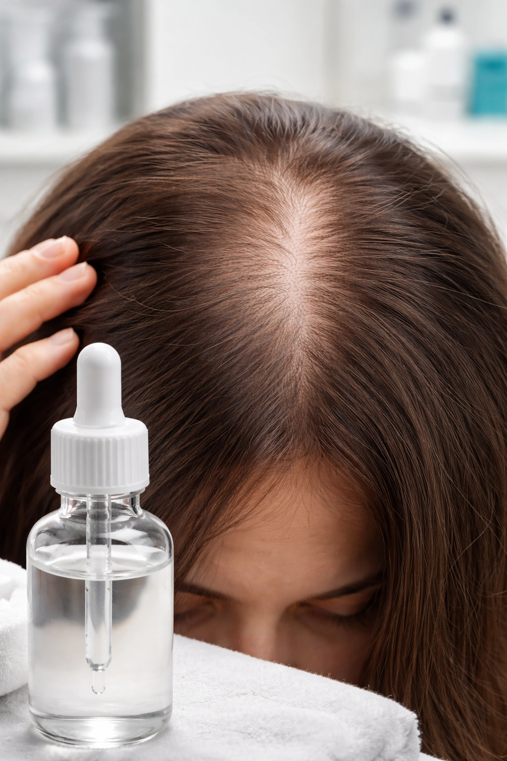Close-up of thinning scalp with a topical treatment bottle in a clinical setting illustrating treatment options for HRT-related hair loss