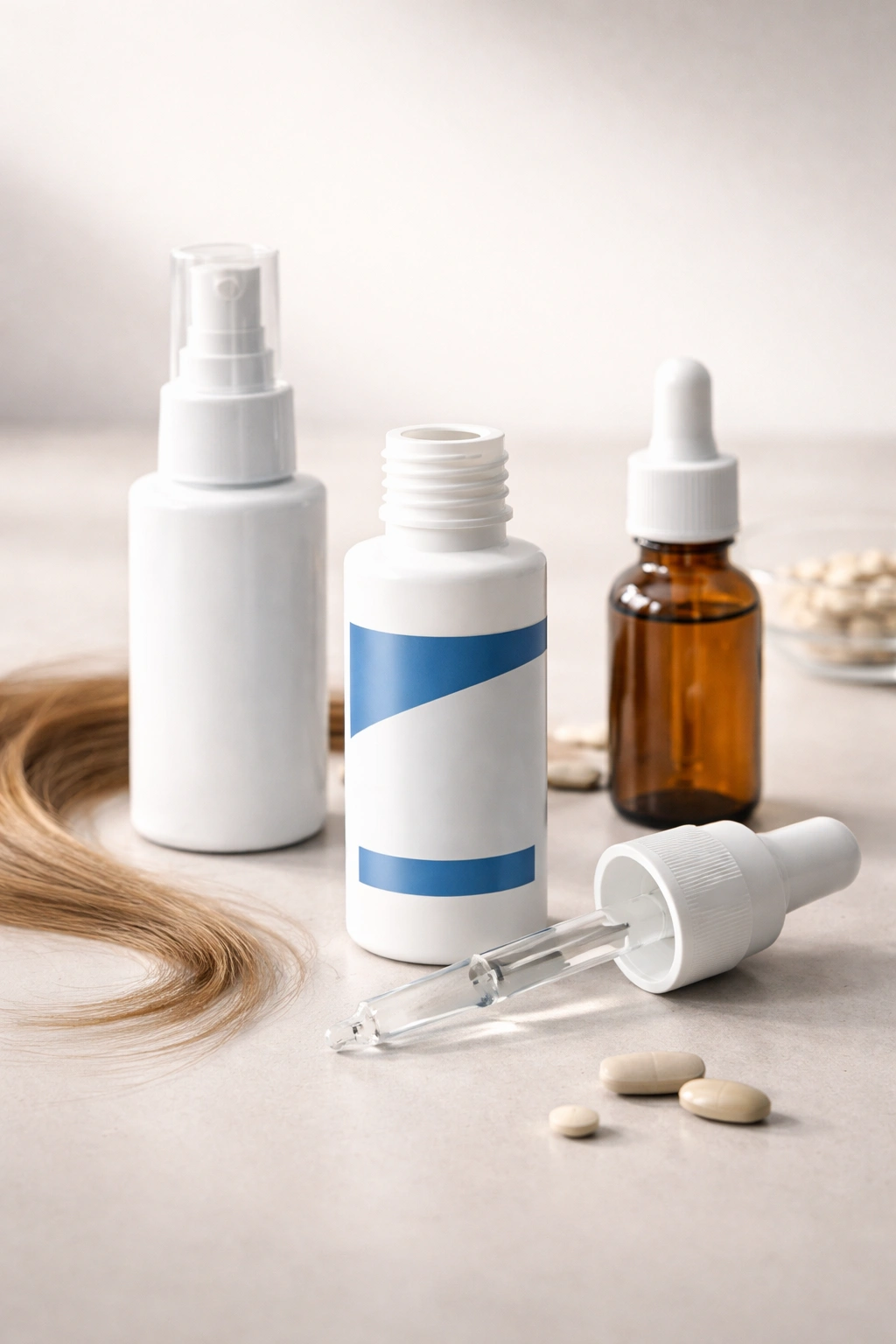 Tabletop with hair treatment product bottles and applicators
