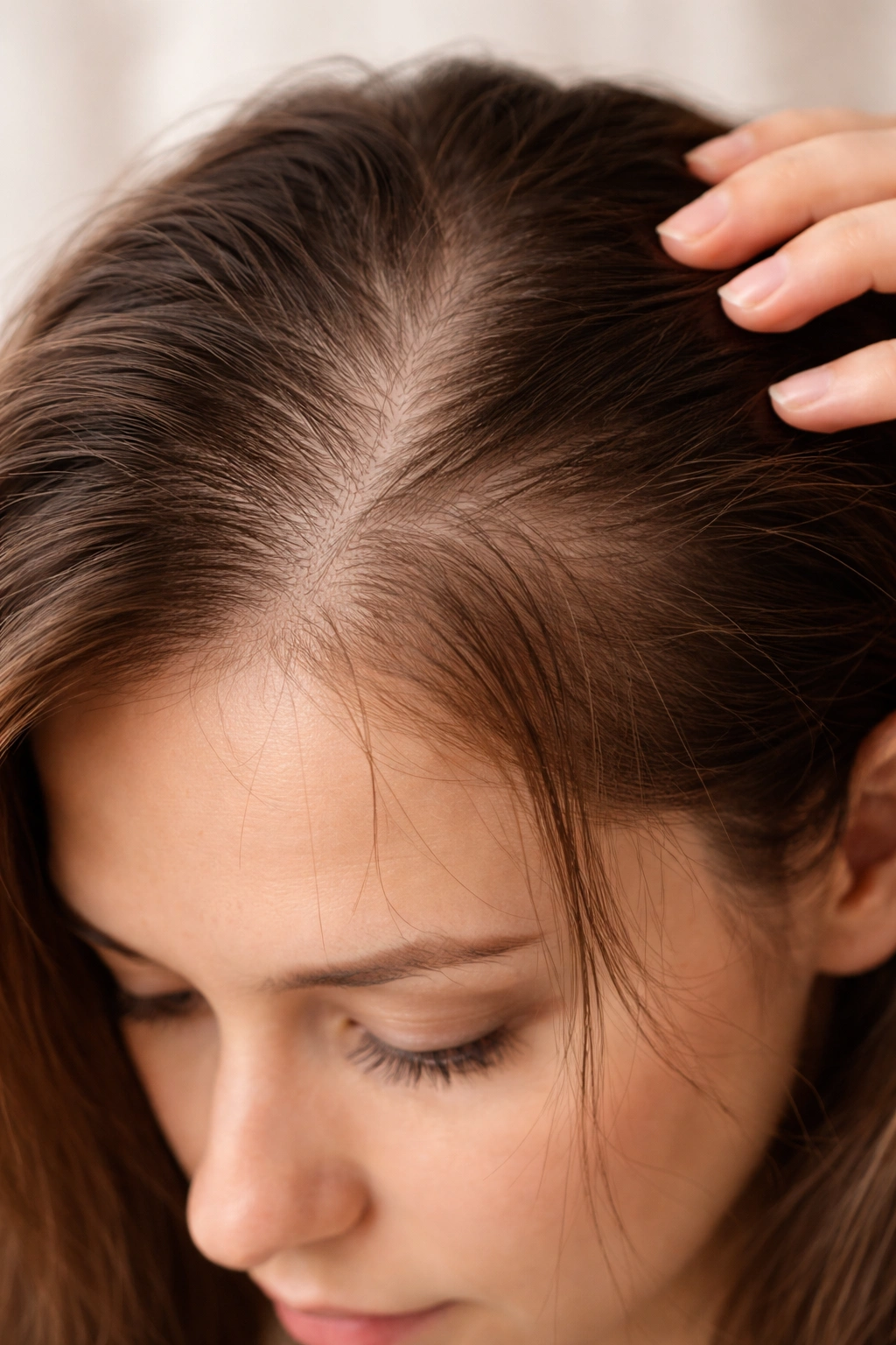 Scalp with thinning at hairline and loose hairs, macro shot