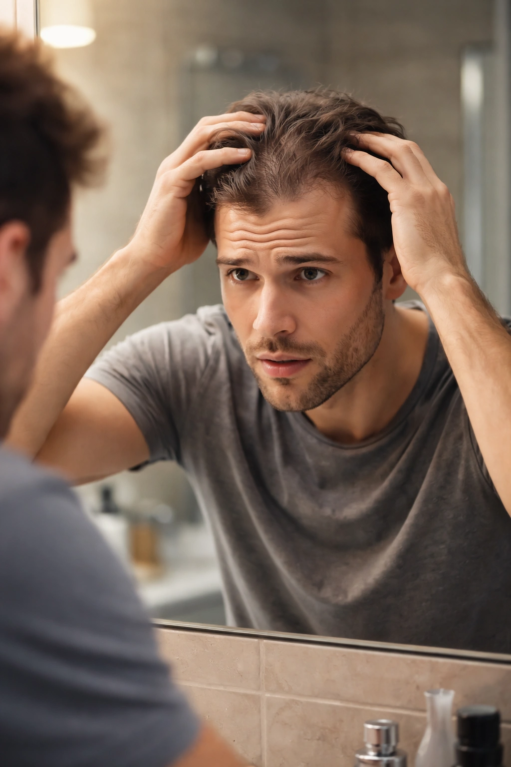 Person examines thinning hair in mirror, signaling concern about hair loss