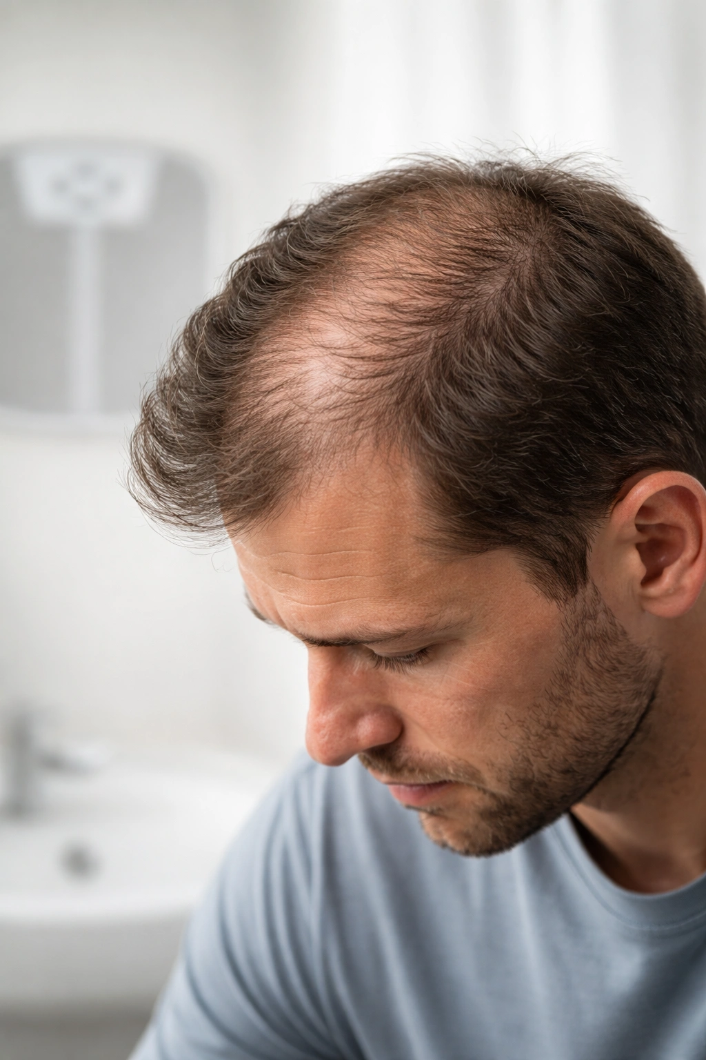 Close-up of thinning crown indicating hair loss linked to weight loss