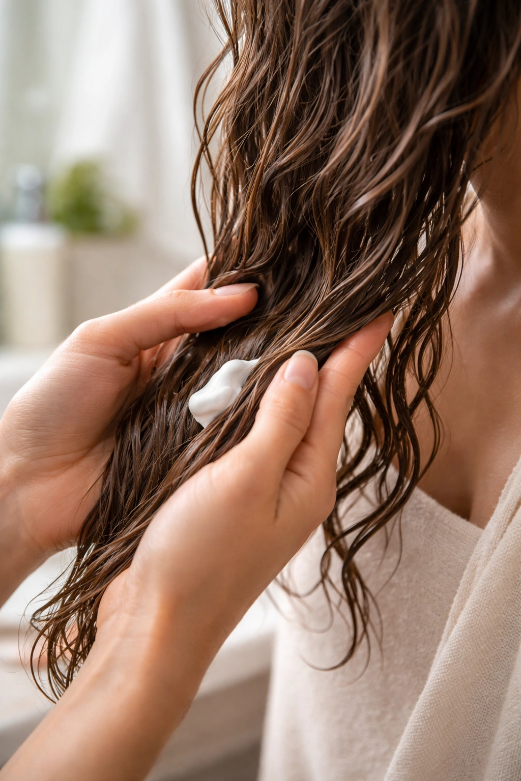 Hands applying hair lotion to mid-lengths of damp hair in a bathroom
