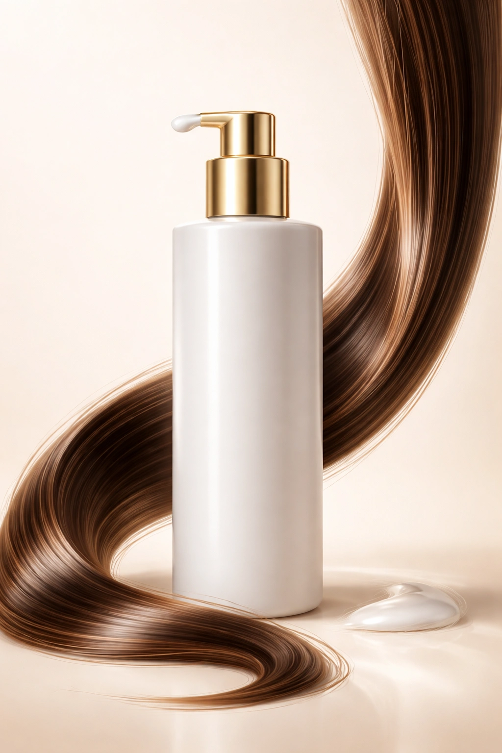 Hair lotion bottle with a glossy hair strand to show lighter formula.