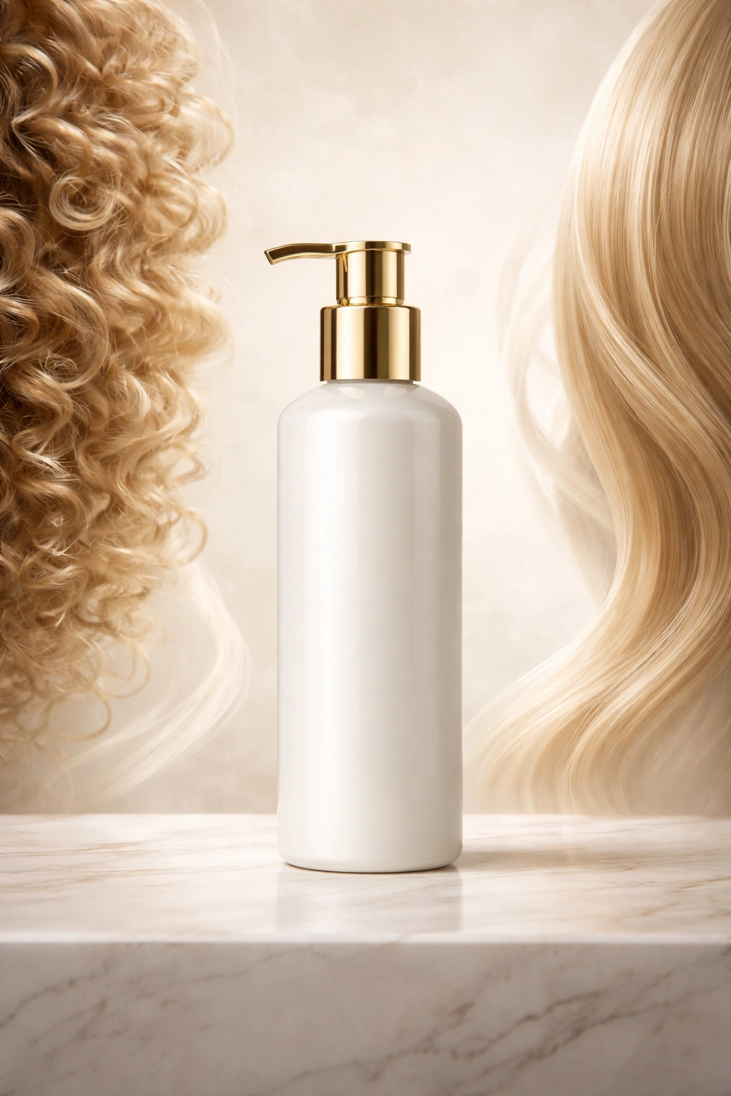 Hair lotion bottle with abstract hair texture silhouettes emphasizing moisture types