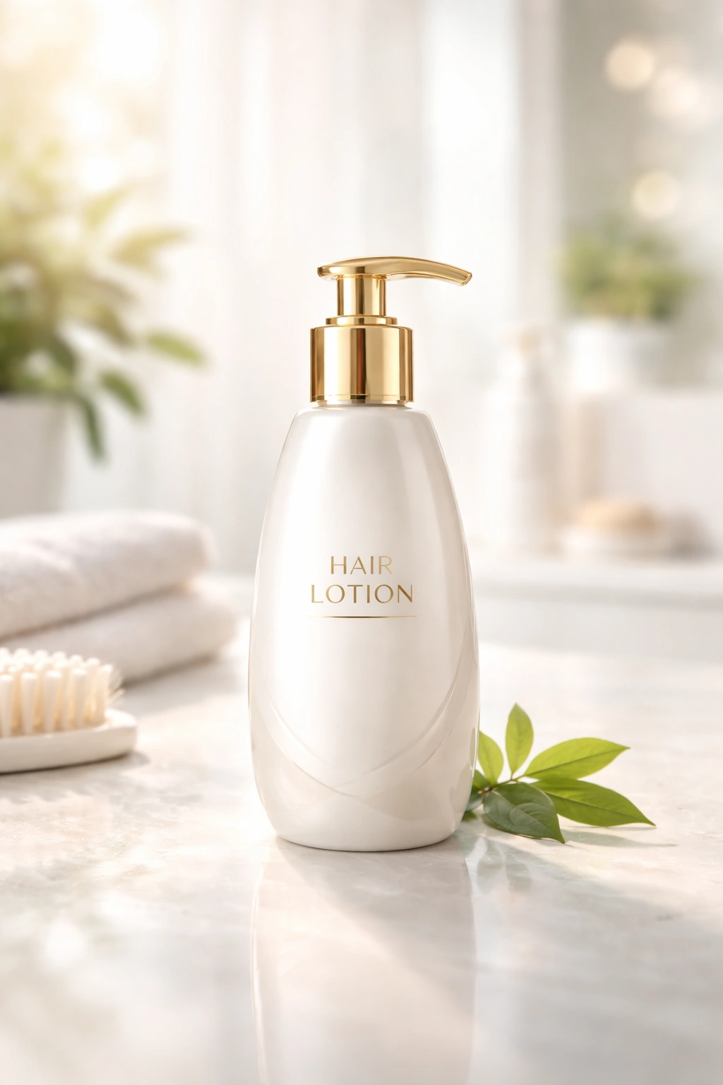 Premium hair lotion bottle on bright, clean background