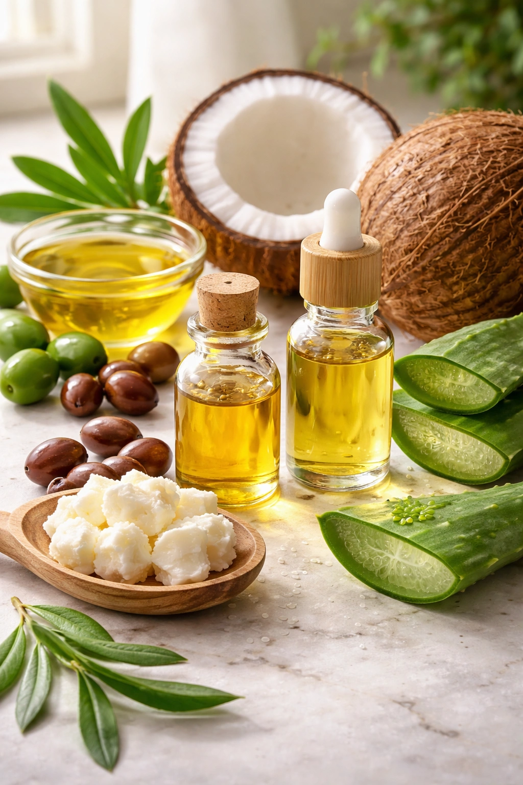 Assorted natural ingredients for hair lotion: coconut, argan oil, jojoba, aloe, shea butter.