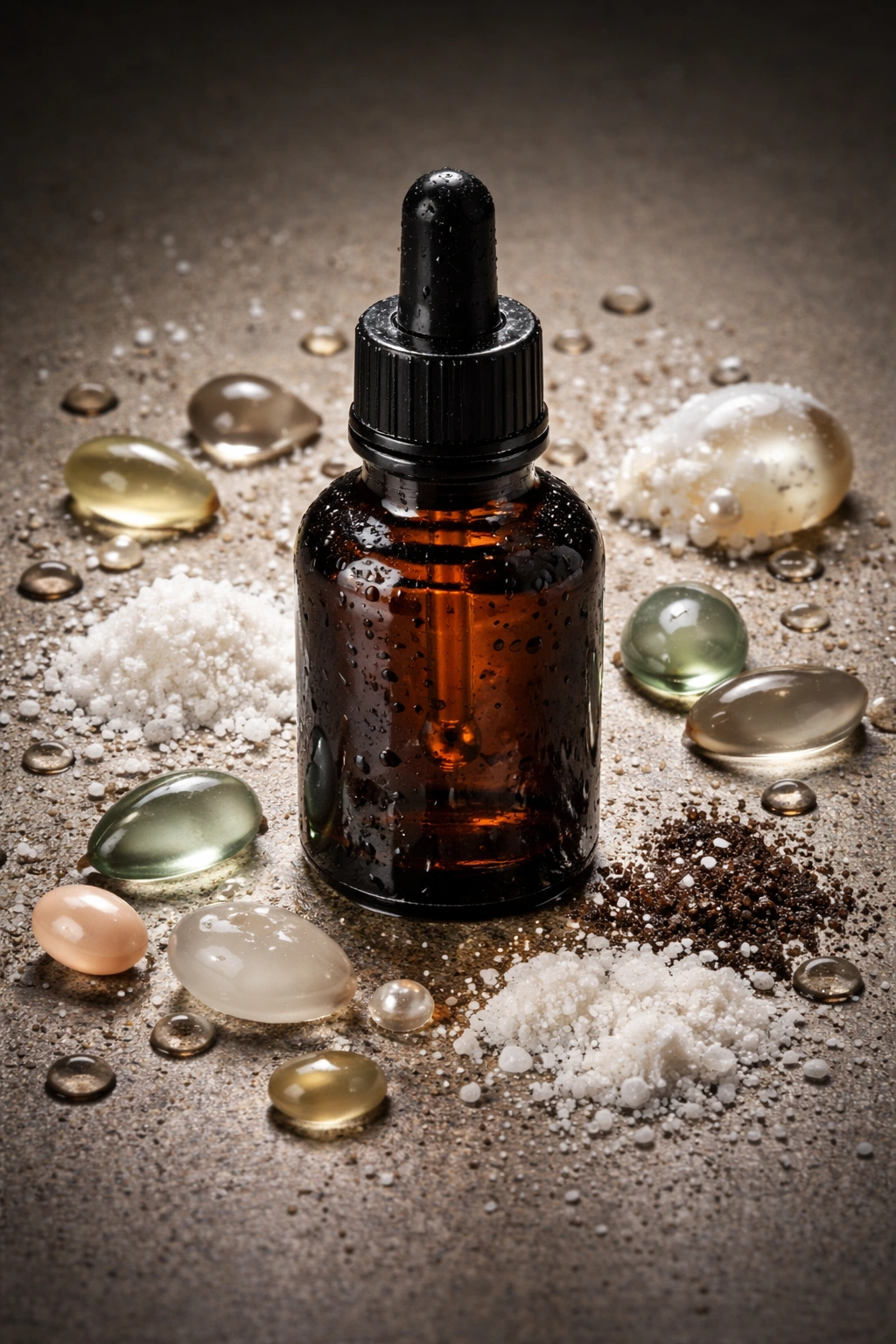 Close-up of a lotion bottle with surrounding particles representing problematic ingredients.