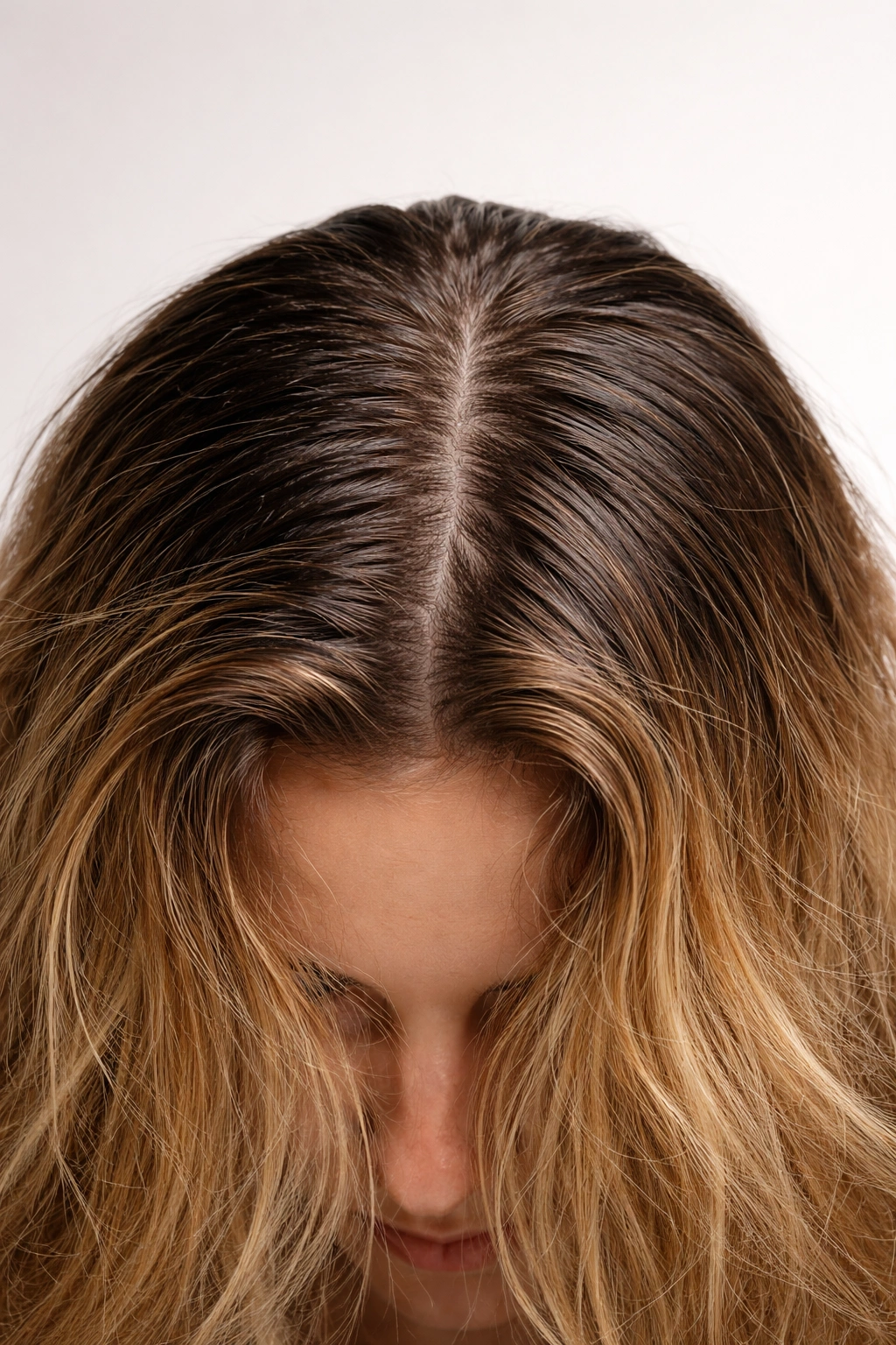 Hair with greasy roots and frizz illustrating common lotion application mistakes