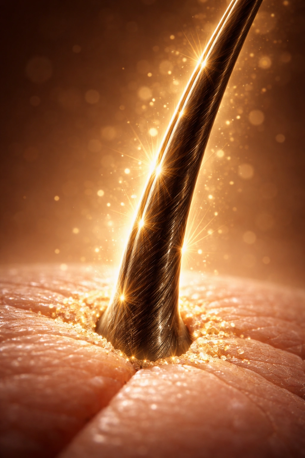 Macro close-up of a hair strand and healthy scalp with warm lighting