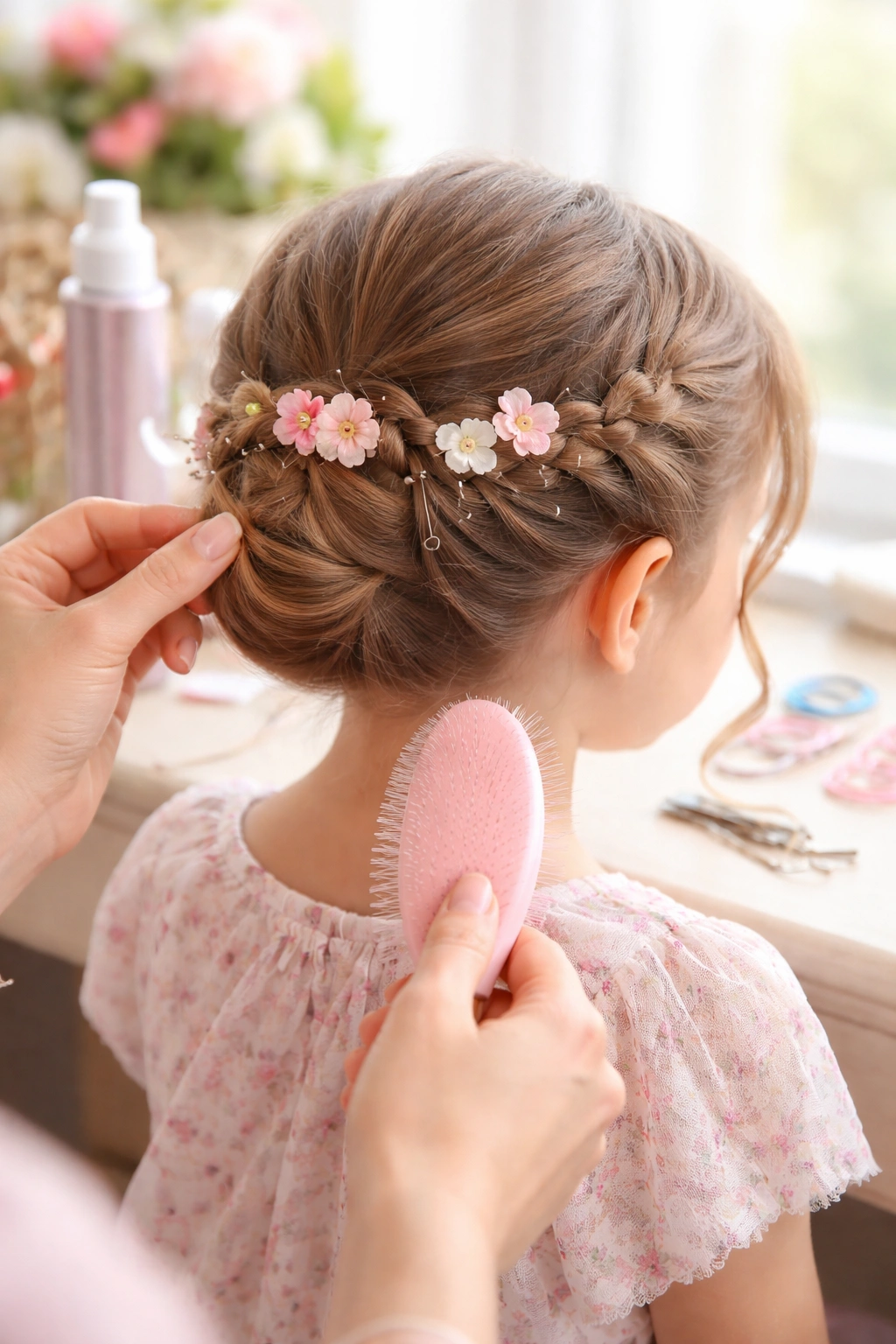 Child's hairstyle being touched up with bobby pins and brush