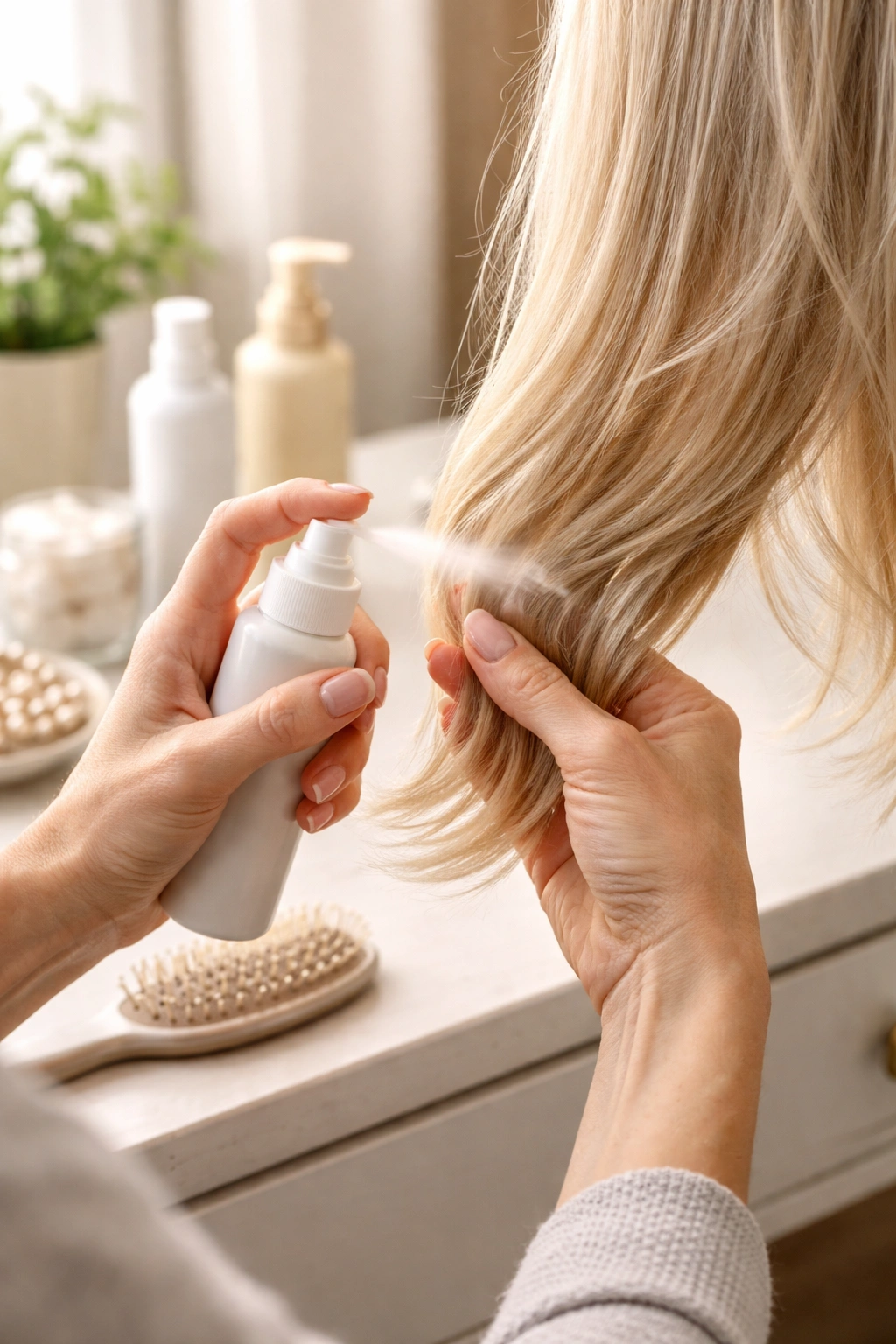 Hands applying conditioner to ends of fine hair at a neutral vanity