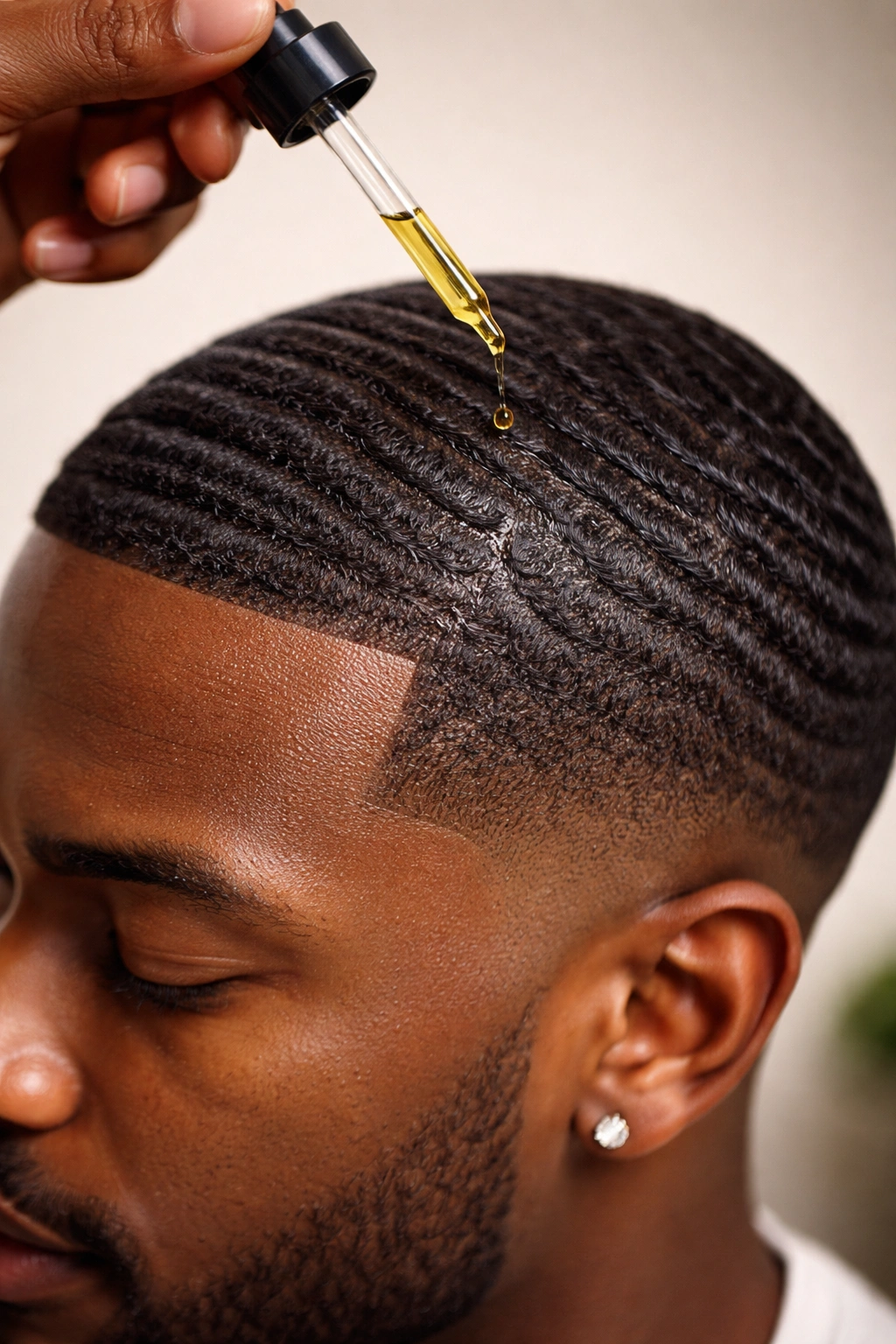 Close-up of a Black man's scalp being moisturized with light oil