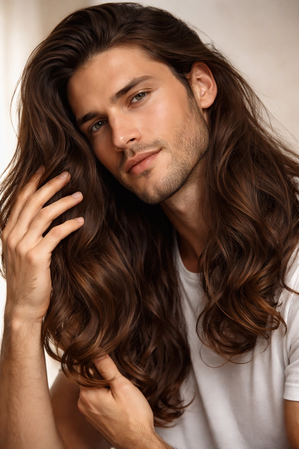 Person with long hair being careful with moisture and detangling in a studio