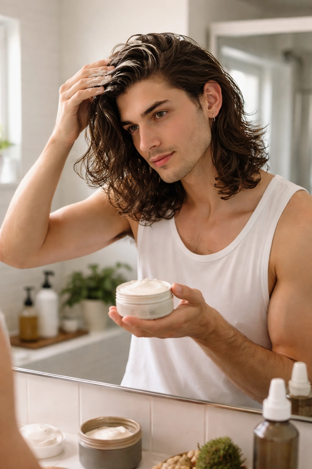 Man performing hair maintenance with conditioning treatment in bathroom/salon mirror